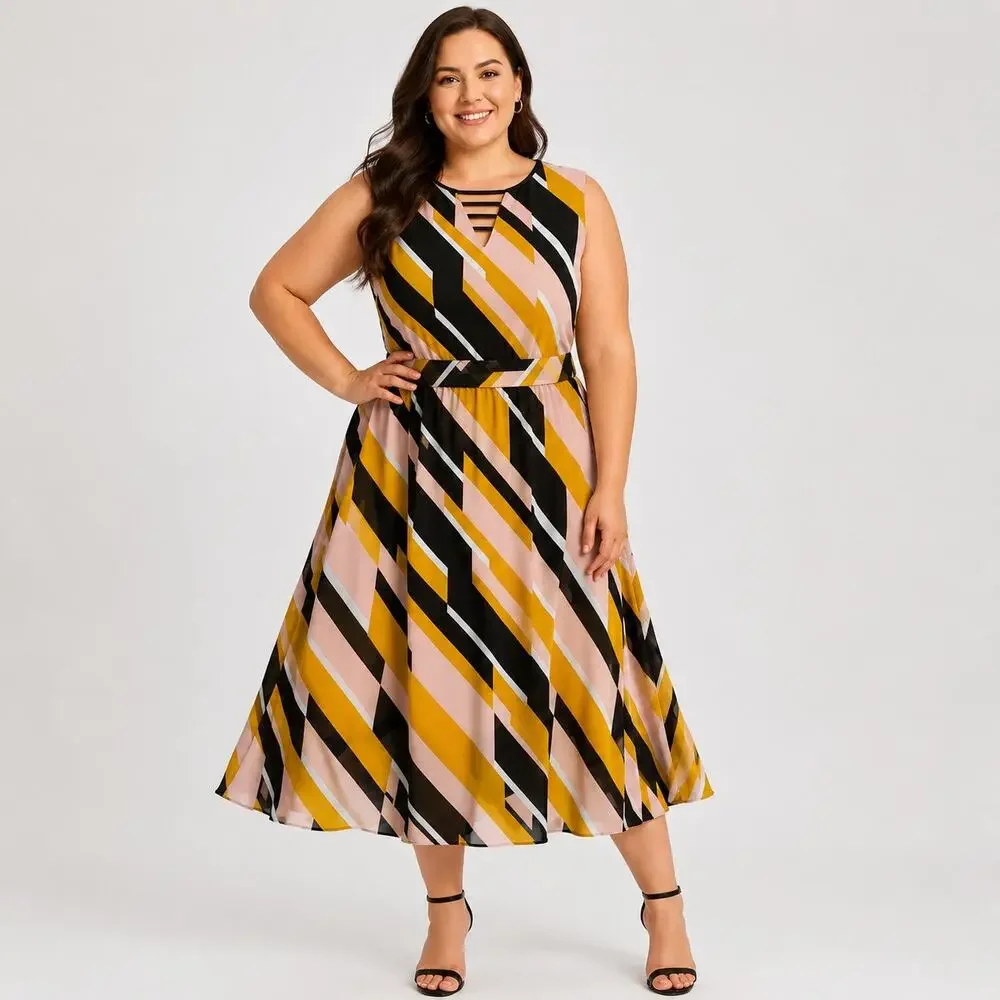 Lane Bryant Maxi Dress Womens Plus 18 Yellow Black Striped Chiffon Sleeveless - Picture 1 of 14